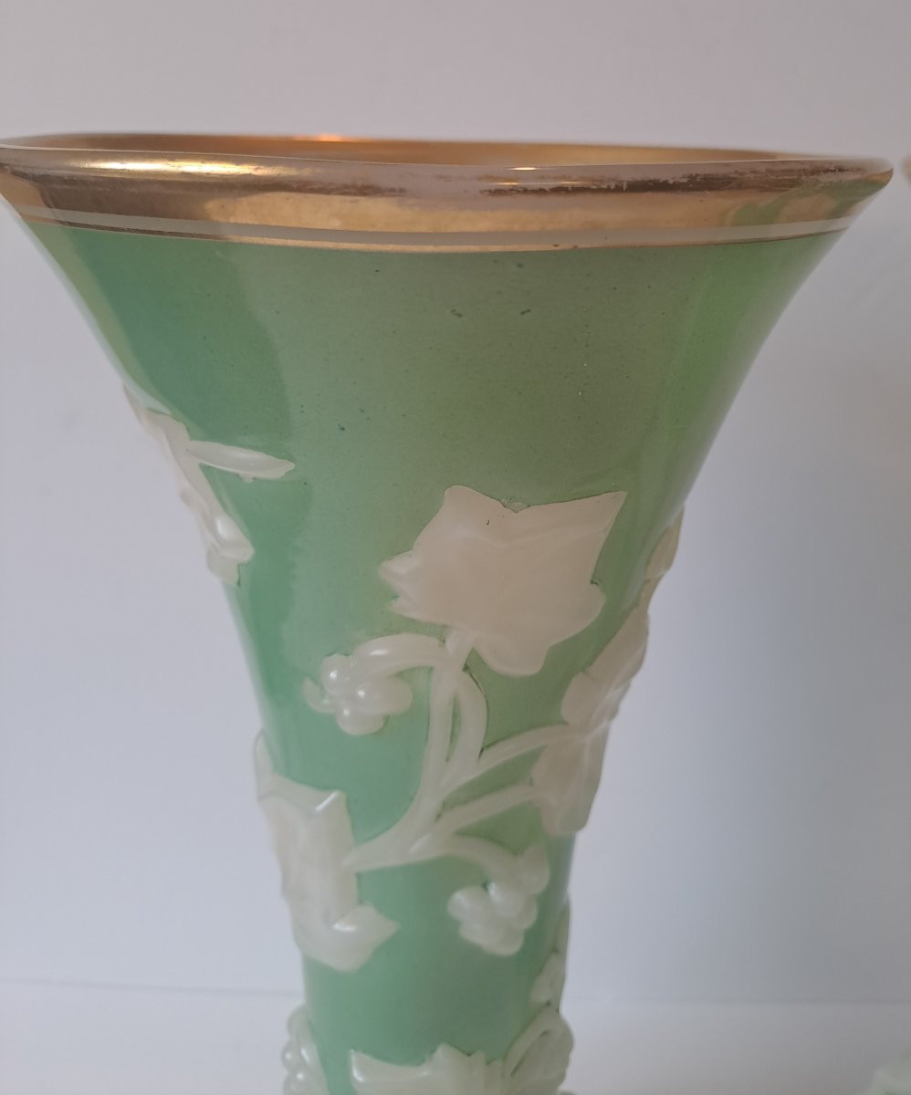 Pair Of Baccarat Molded Opaline Vases -photo-3