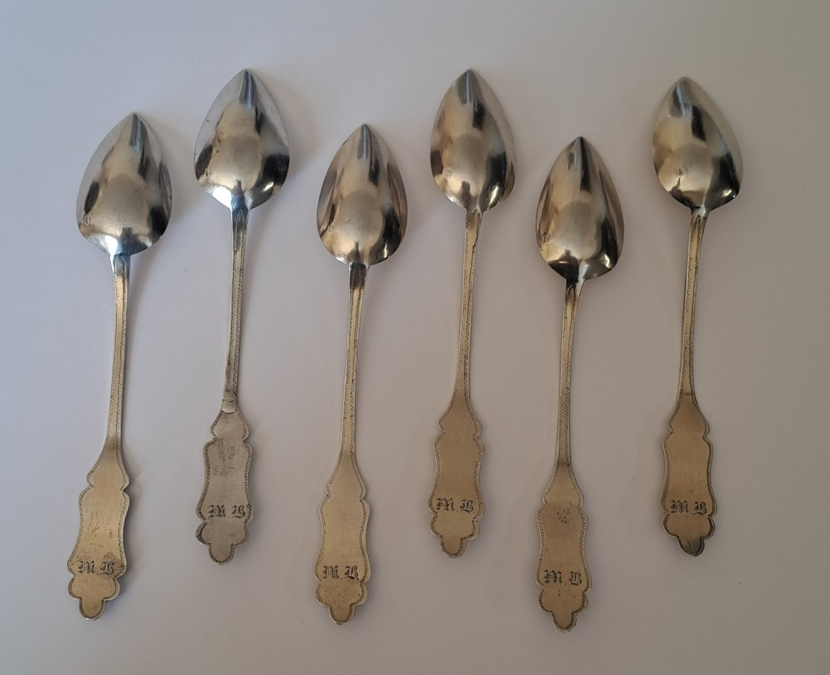 6 petites cuillères chiffrées en argent massif -photo-1