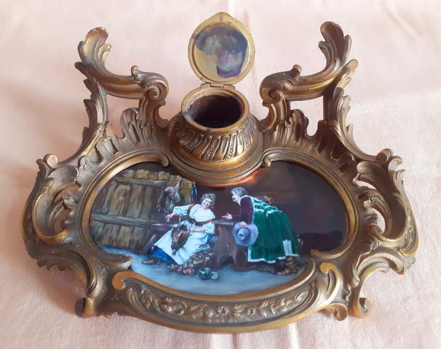Rocaille-style Inkwell In Bronze And Enamel Painted On Copper-photo-2