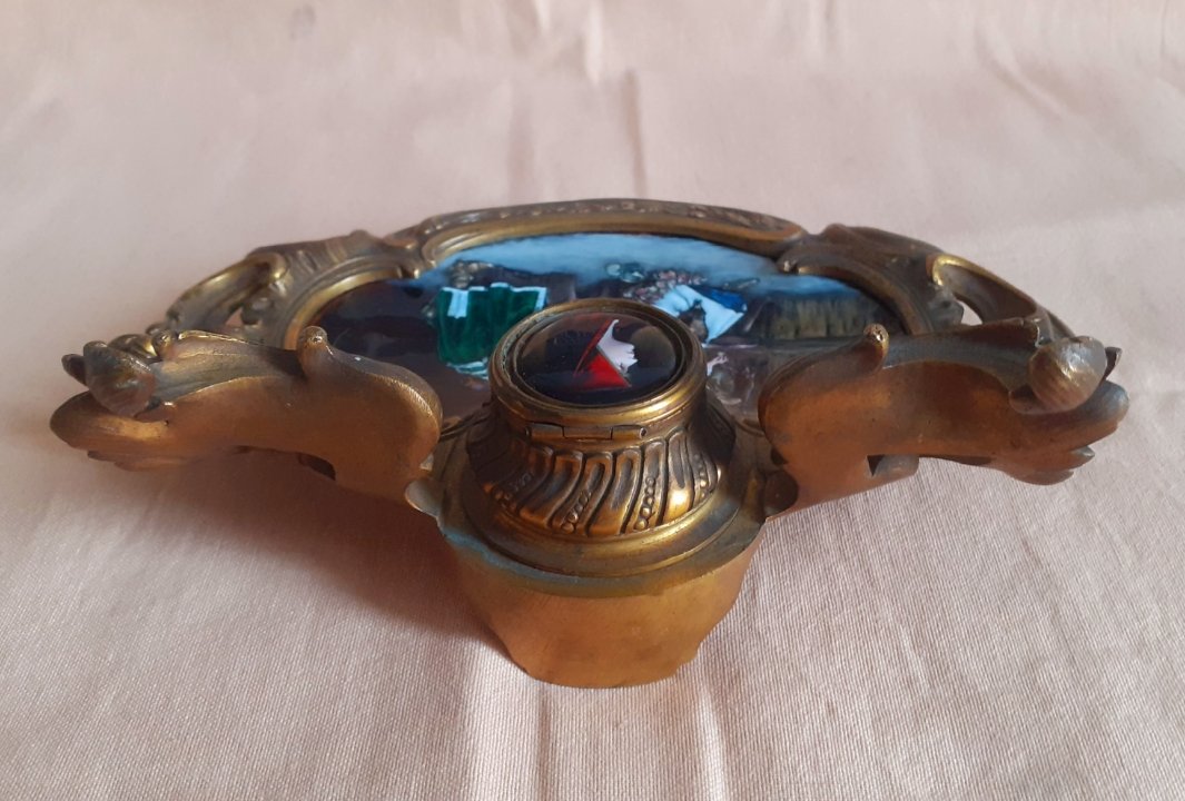 Rocaille-style Inkwell In Bronze And Enamel Painted On Copper-photo-1