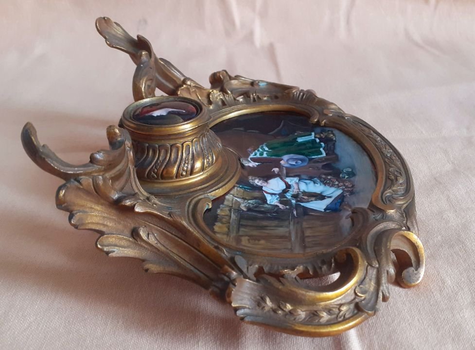Rocaille-style Inkwell In Bronze And Enamel Painted On Copper-photo-3