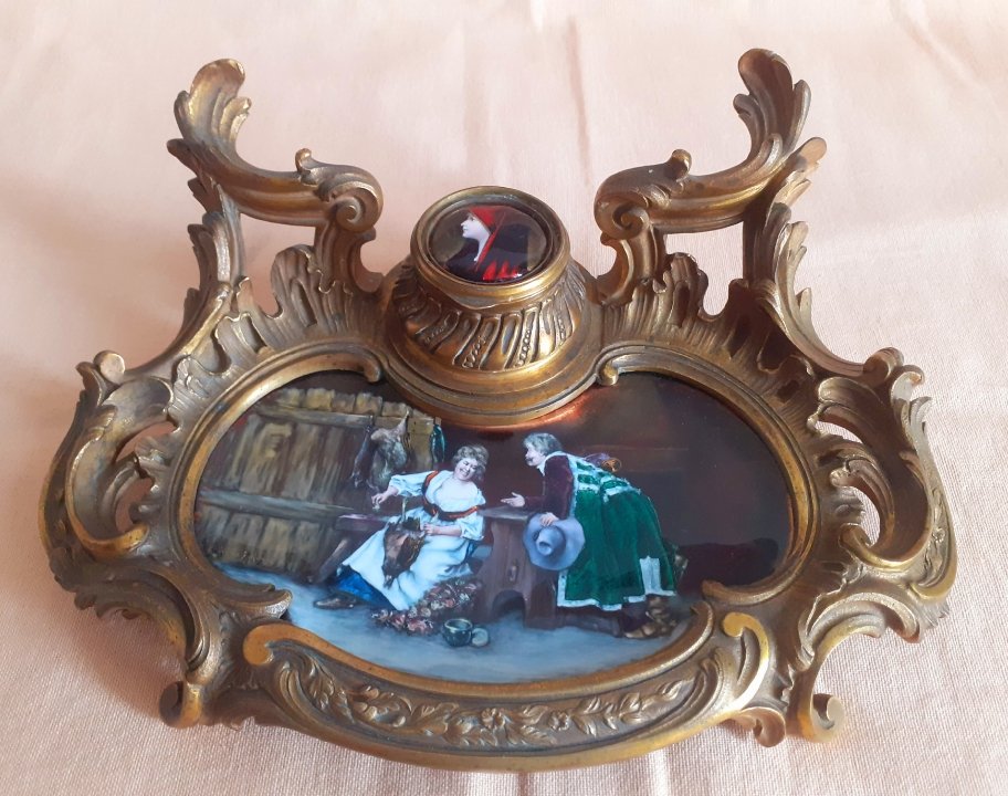 Rocaille-style Inkwell In Bronze And Enamel Painted On Copper