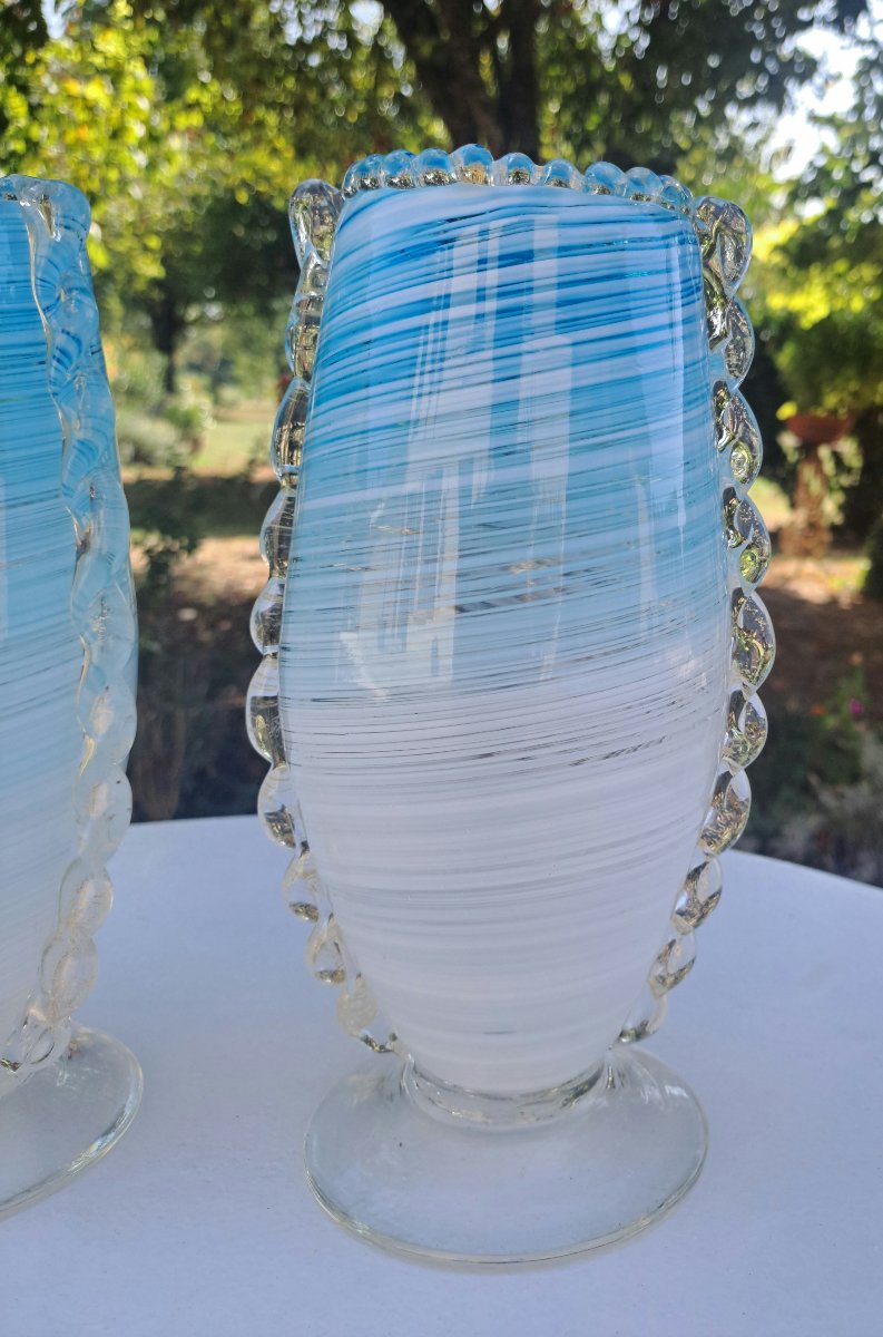Paire de vases filigranés en verre soufflé Murano -photo-2