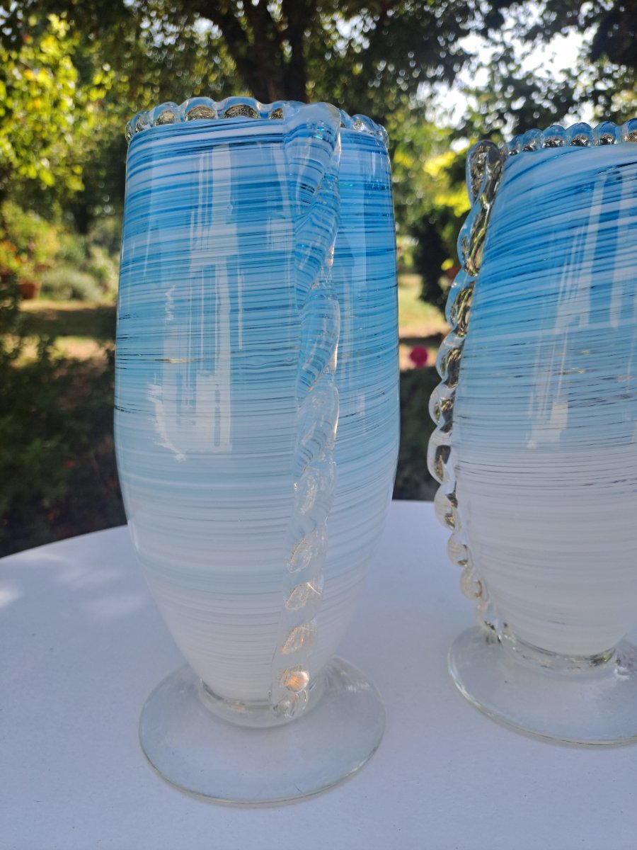 Paire de vases filigranés en verre soufflé Murano -photo-3