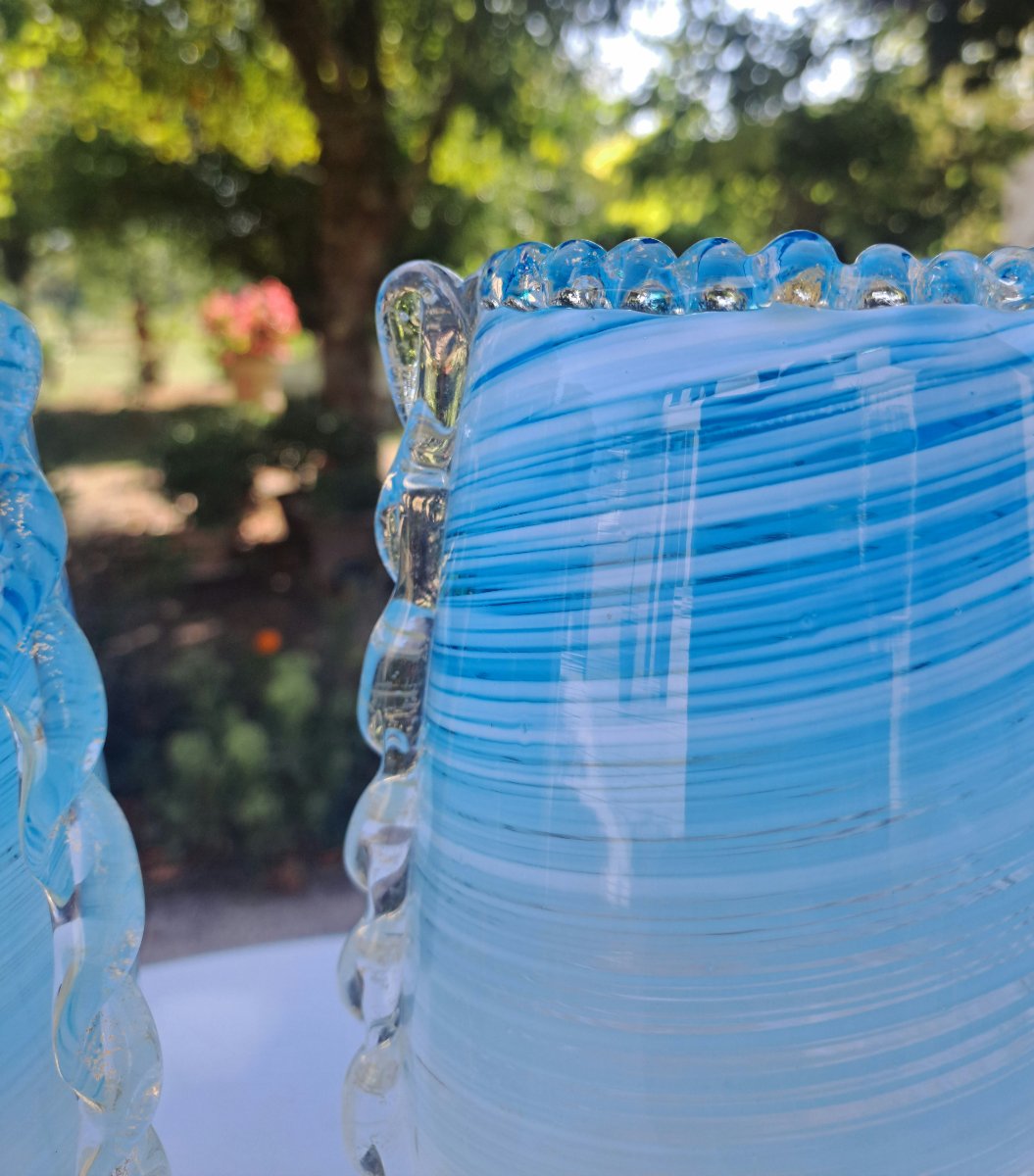 Paire de vases filigranés en verre soufflé Murano -photo-1