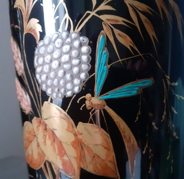 Pair Of Black Opaline Vases With A Pastoral Design -photo-4