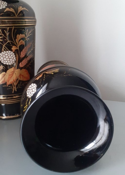 Pair Of Black Opaline Vases With A Pastoral Design -photo-5