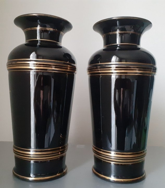 Pair Of Black Opaline Vases With A Pastoral Design -photo-7