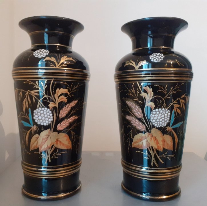 Pair Of Black Opaline Vases With A Pastoral Design 
