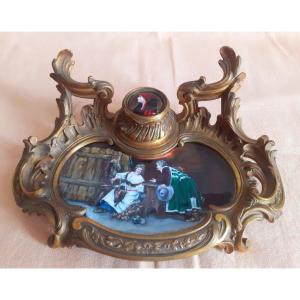 Rocaille-style Inkwell In Bronze And Enamel Painted On Copper