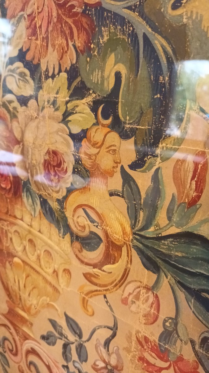Grande peinture, éléments de tapisserie peinte sous verre ancien Et Cadre Doré fin XVIIIe-photo-4