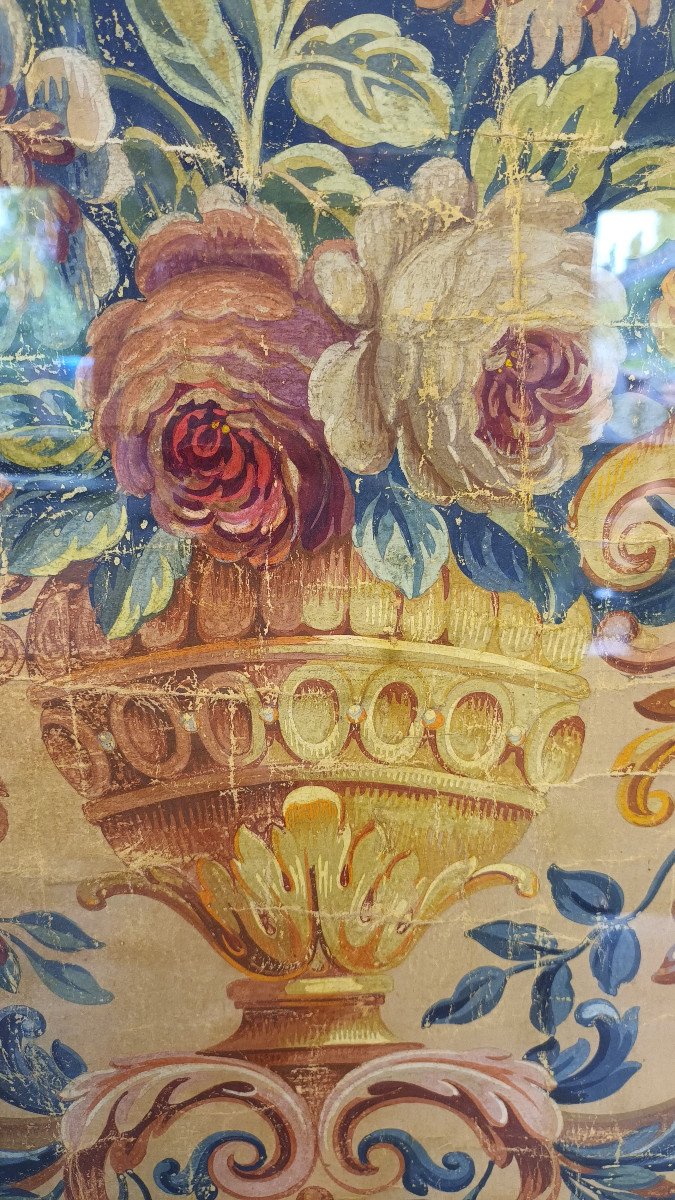 Grande peinture, éléments de tapisserie peinte sous verre ancien Et Cadre Doré fin XVIIIe-photo-1