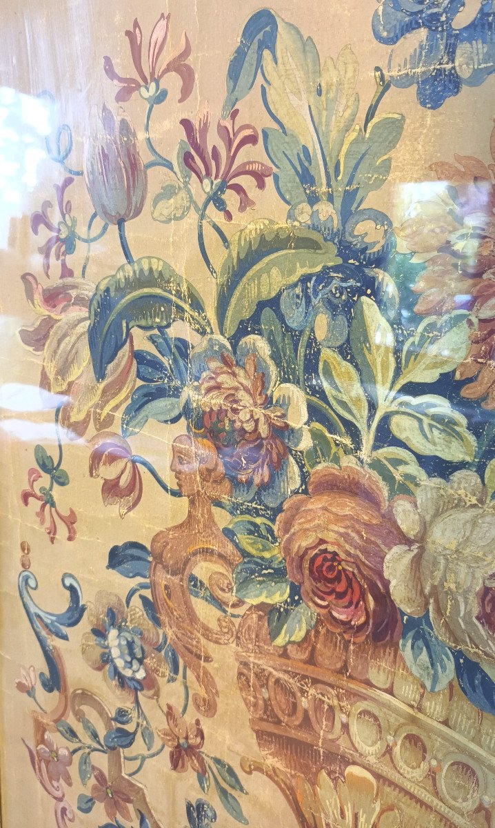 Grande peinture, éléments de tapisserie peinte sous verre ancien Et Cadre Doré fin XVIIIe-photo-2