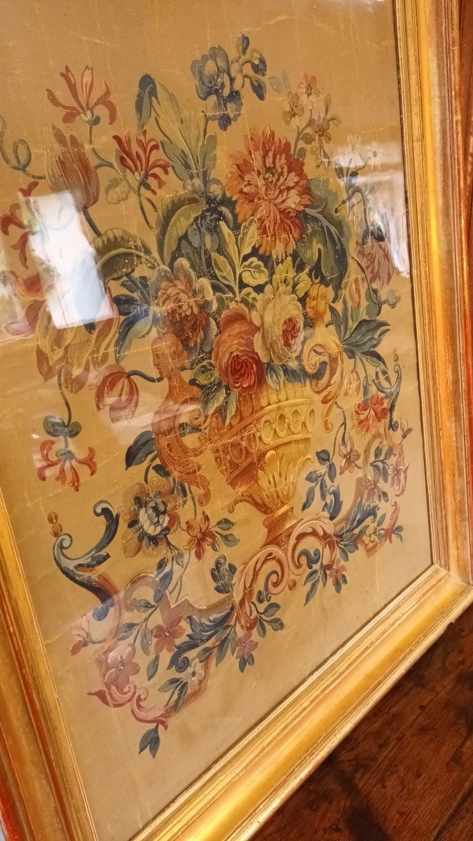 Grande peinture, éléments de tapisserie peinte sous verre ancien Et Cadre Doré fin XVIIIe-photo-3