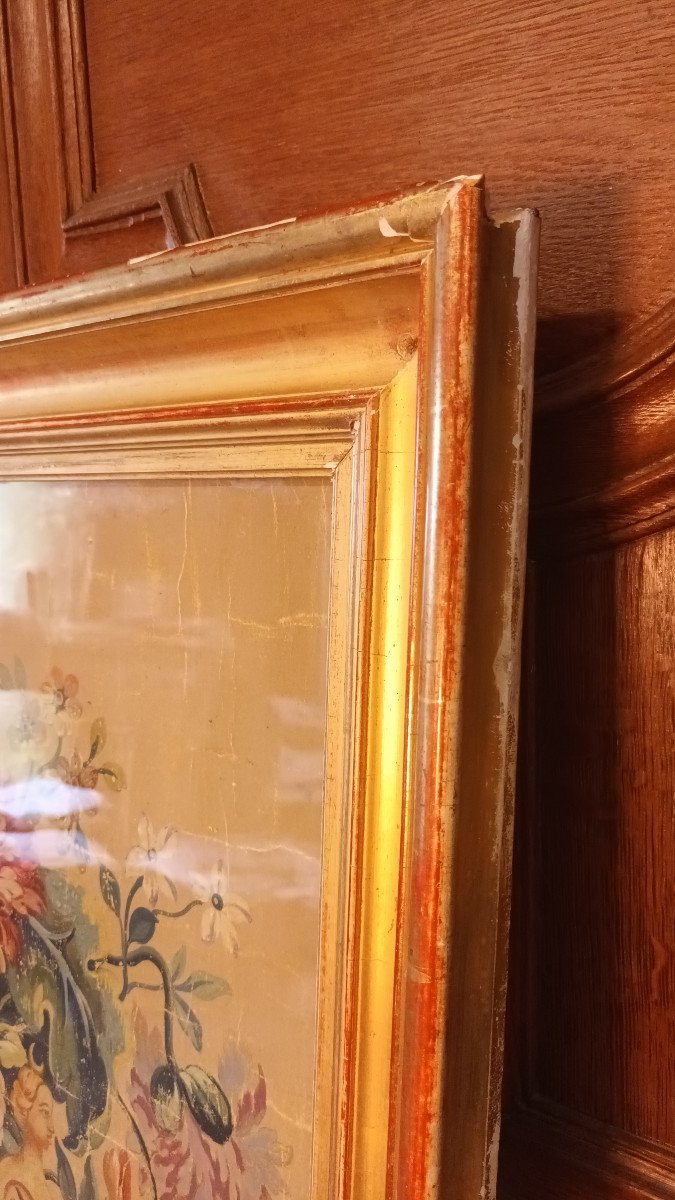 Grande peinture, éléments de tapisserie peinte sous verre ancien Et Cadre Doré fin XVIIIe-photo-5