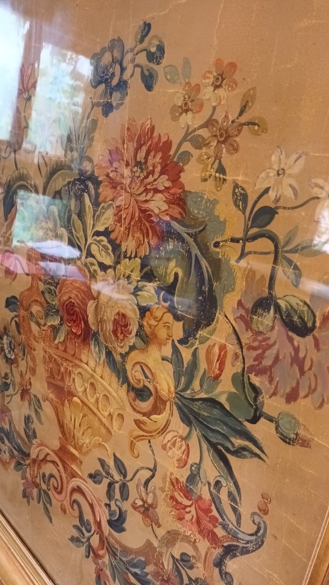 Grande peinture, éléments de tapisserie peinte sous verre ancien Et Cadre Doré fin XVIIIe-photo-6