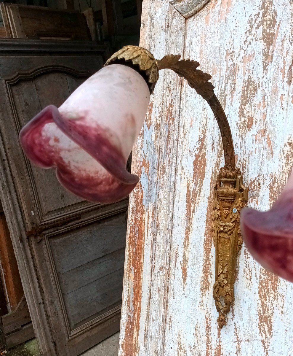 Pair Of Art Deco Wall Lights In Bronze Signed Fournier With Degué Glass Paste Tulips-photo-5