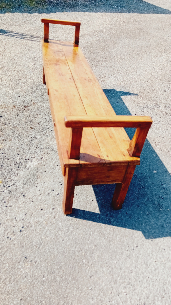 large banc   en merisier , banquette  de cantou a 2 tiroirs  19 eme-photo-2