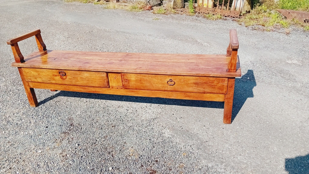 large banc   en merisier , banquette  de cantou a 2 tiroirs  19 eme-photo-4
