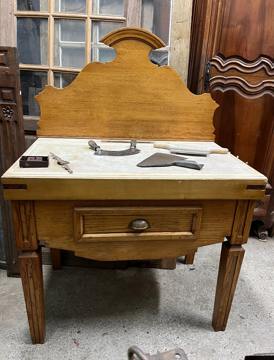 petit billot de boucher  ou de charcutier en chêne et hetre d'epoque 1930-photo-4