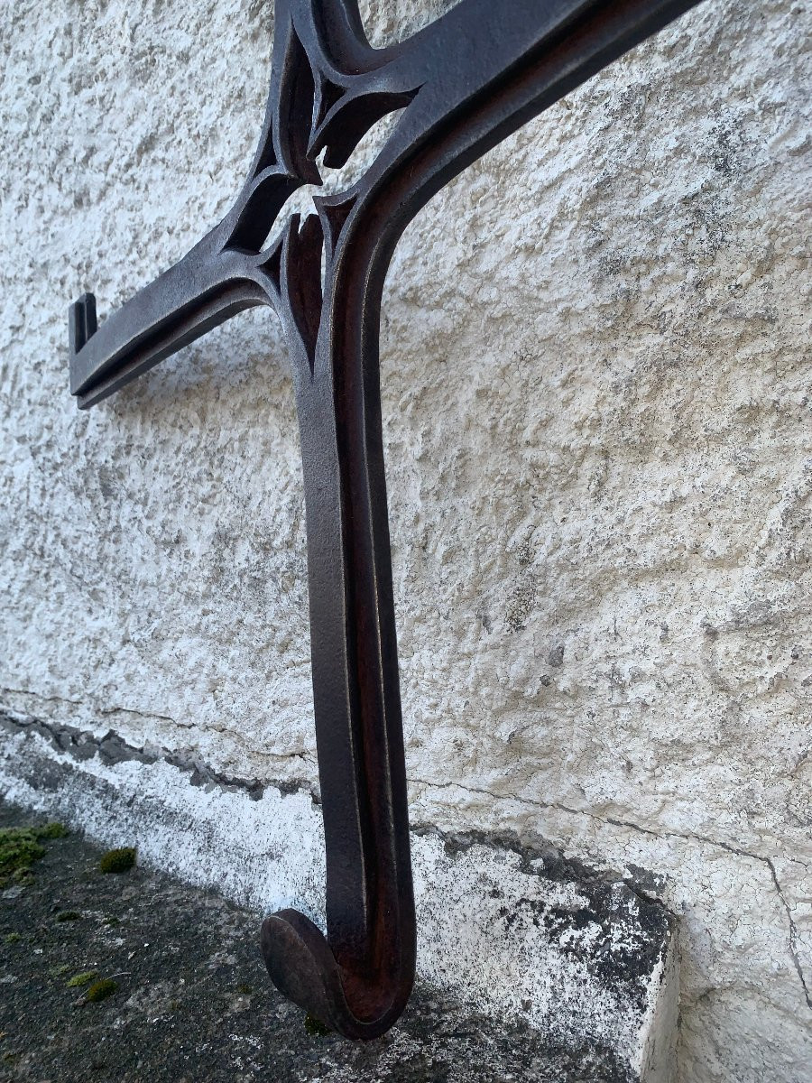 Rare Early Period Wrought Iron Fireplace Rack With Three Arms, Gothic Decoration-photo-2