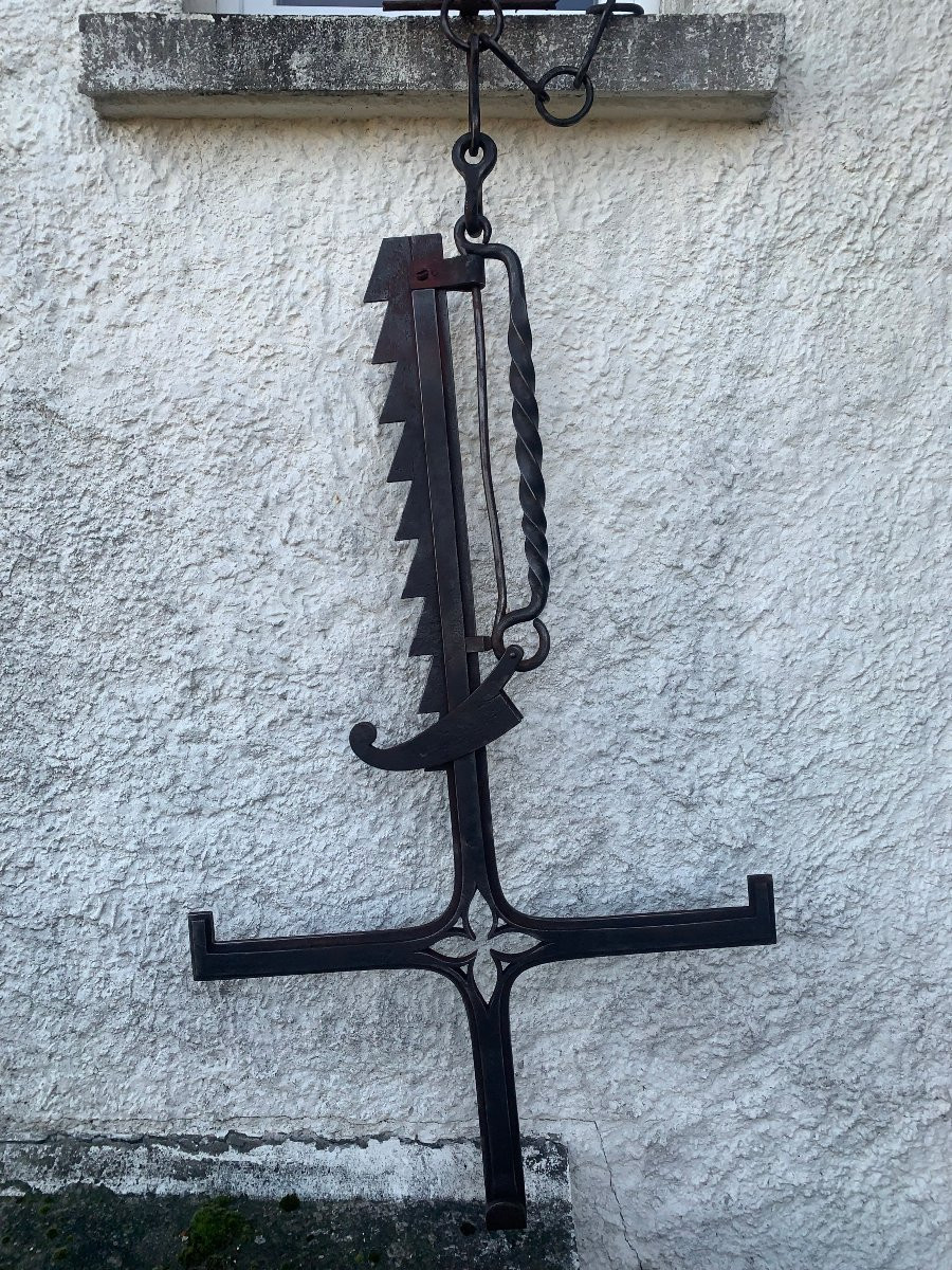 Rare Early Period Wrought Iron Fireplace Rack With Three Arms, Gothic Decoration-photo-5