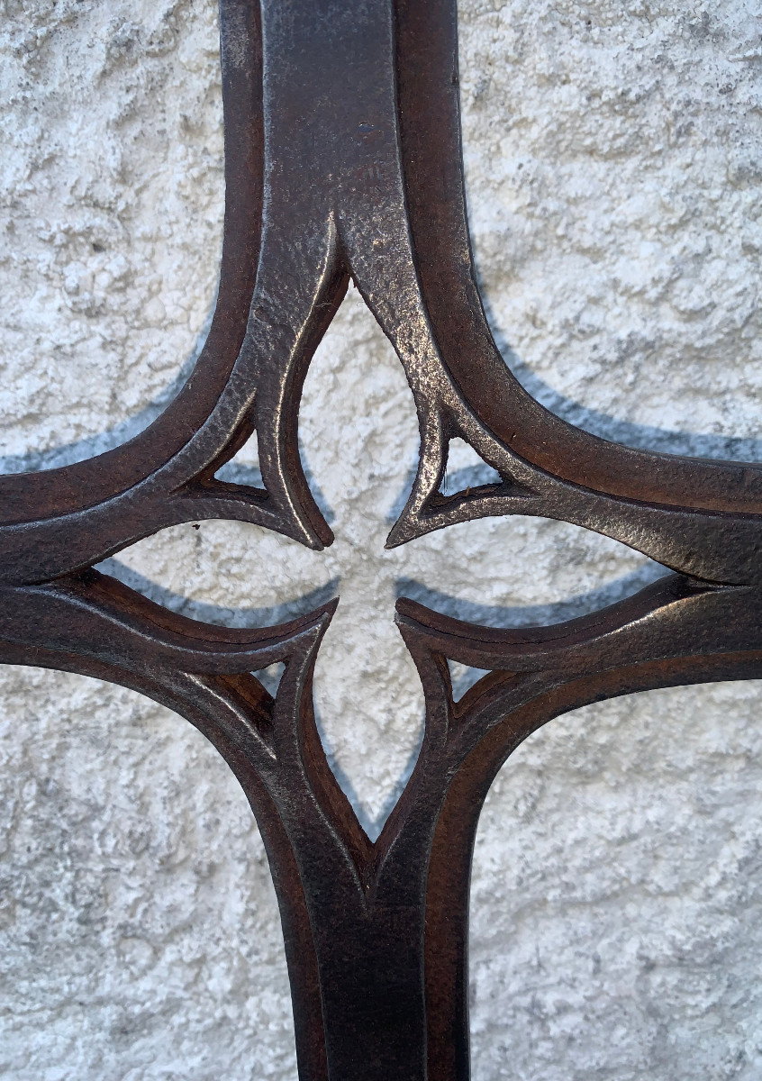 Rare Early Period Wrought Iron Fireplace Rack With Three Arms, Gothic Decoration