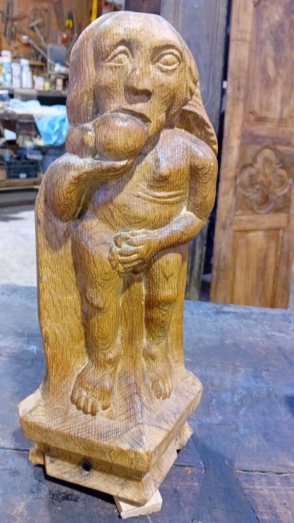trilogie de modillons de charpente medievale, epoque XV eme, adam et eve et mascaron-photo-4