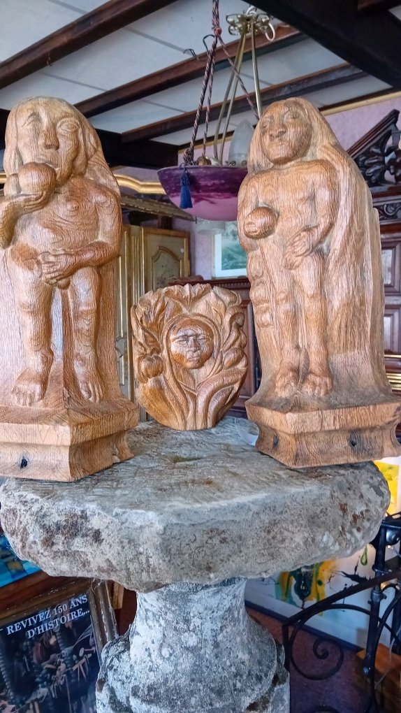 trilogie de modillons de charpente medievale, epoque XV eme, adam et eve et mascaron-photo-2