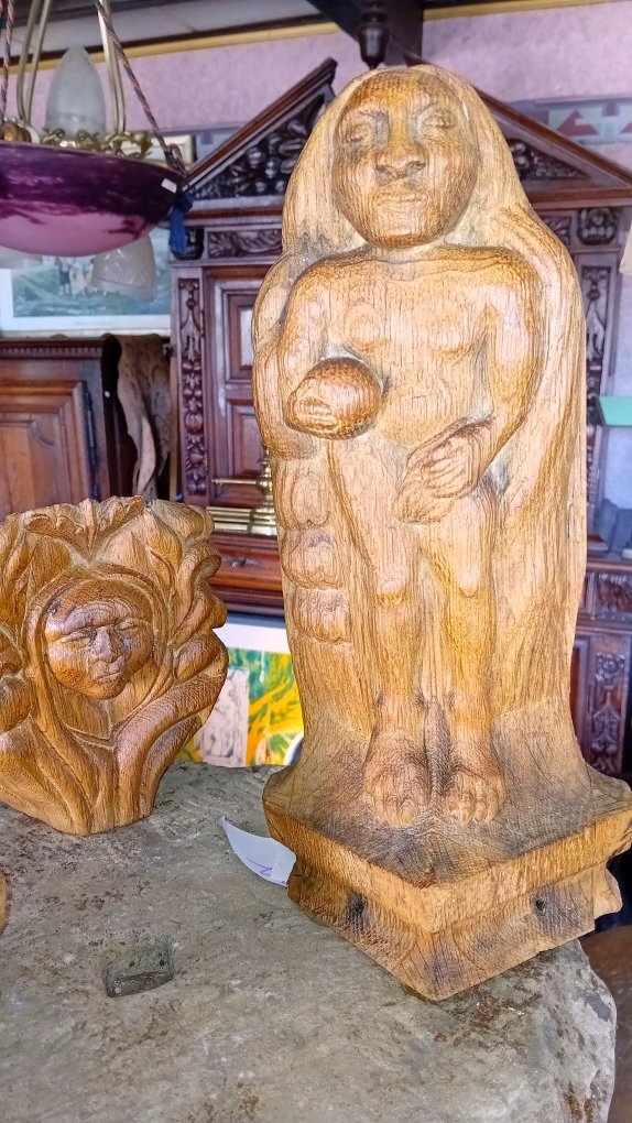 trilogie de modillons de charpente medievale, epoque XV eme, adam et eve et mascaron-photo-4