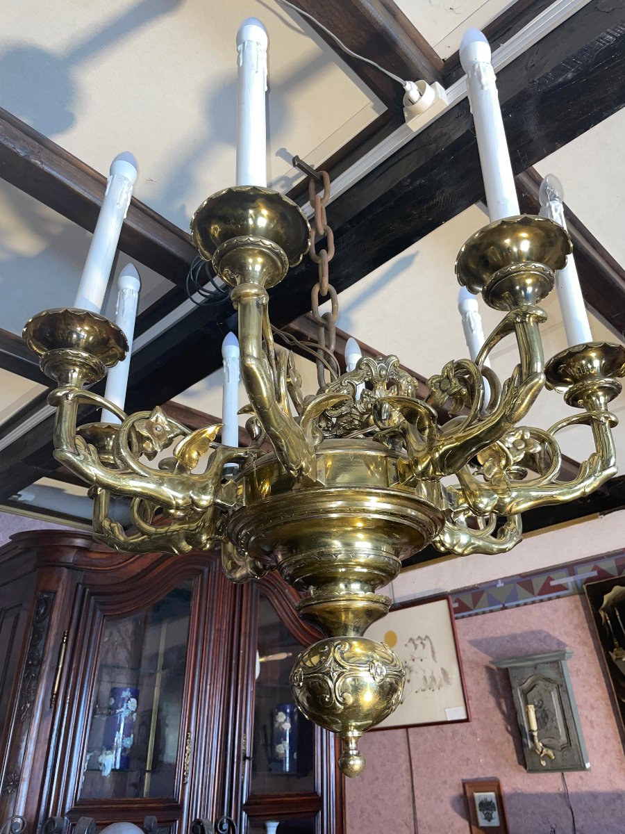 Large Dutch 8-arm Bronze Chandelier-photo-2