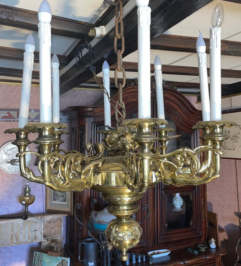 Large Dutch 8-arm Bronze Chandelier