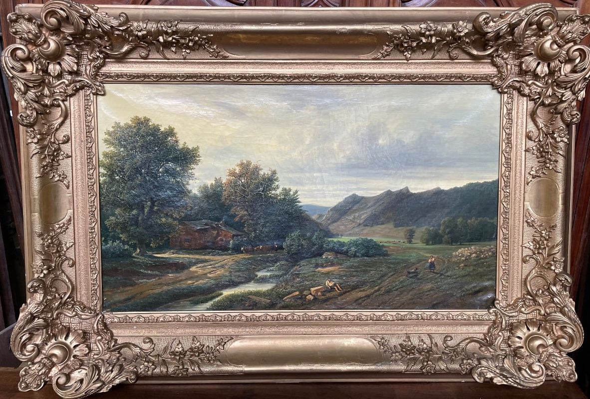 tableau huile sur toile pastorale ardennes 1835  signé pierre thuillier cadre doré a la feuille-photo-2
