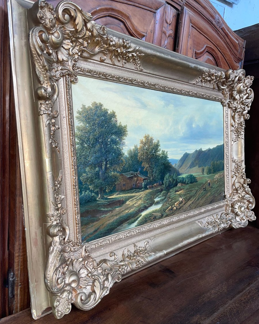 tableau huile sur toile pastorale ardennes 1835  signé pierre thuillier cadre doré a la feuille-photo-3