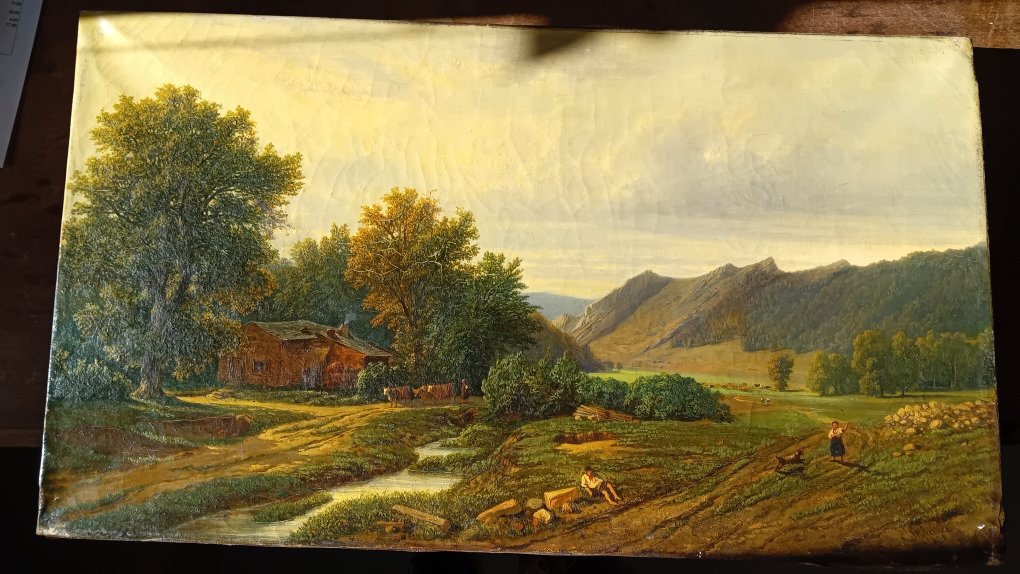 tableau huile sur toile pastorale ardennes 1835  signé pierre thuillier cadre doré a la feuille-photo-4
