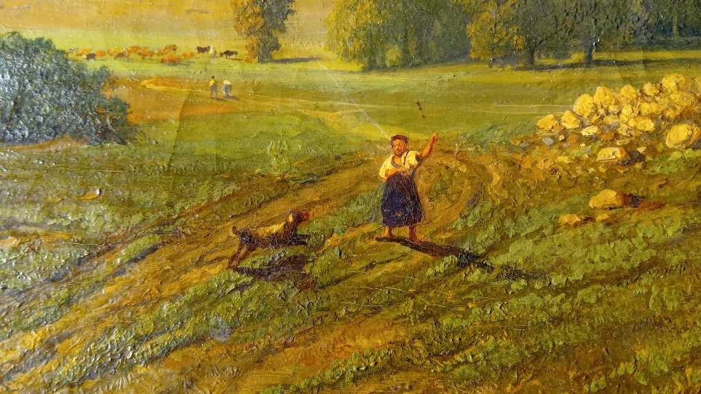 tableau huile sur toile pastorale ardennes 1835  signé pierre thuillier cadre doré a la feuille-photo-1