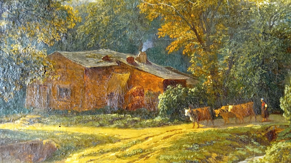 tableau huile sur toile pastorale ardennes 1835  signé pierre thuillier cadre doré a la feuille