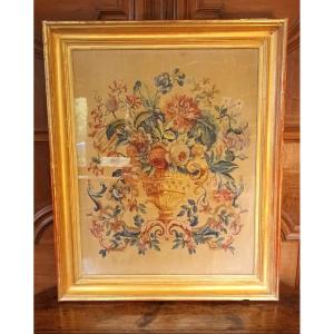 Large Hand Painted Tapestry Under Glass And Golden Frame