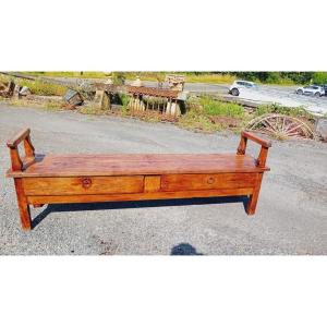 large banc   en merisier , banquette  de cantou a 2 tiroirs  19 eme