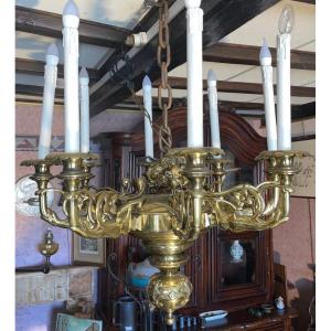 Grand Lustre Hollandais A 8 Bras De Lumiere En Bronze