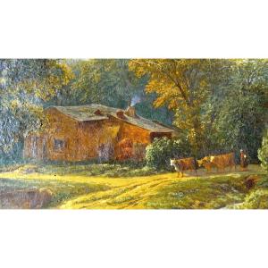 Oil-on-canvas Painting Landscape Of Northern Italy, 1883 In Its Gilded Frame