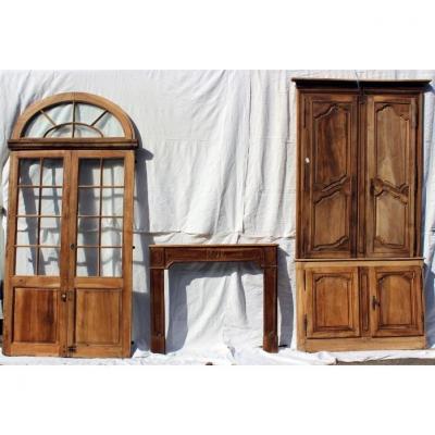 Woodwork Ensemble Double Transom Door, Fireplace Louis XVI And Closet 2 Corps