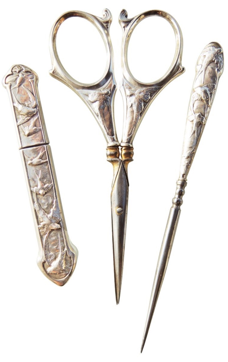 Sewing Kit In Sterling Silver Art Nouveau Swallows Late Nineteenth Early Twentieth-photo-4
