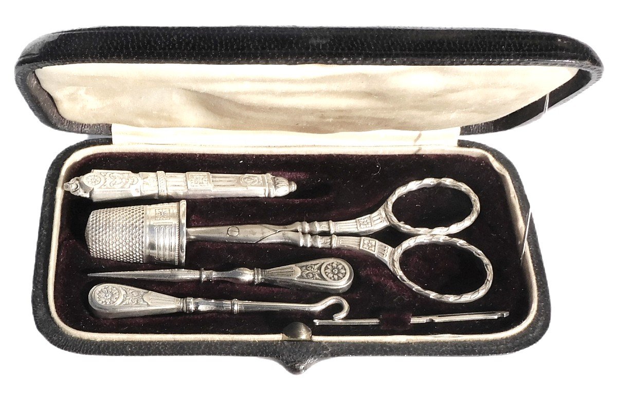 Old Sewing Kit In Sterling Silver Leather Case Late 19th Century-photo-2