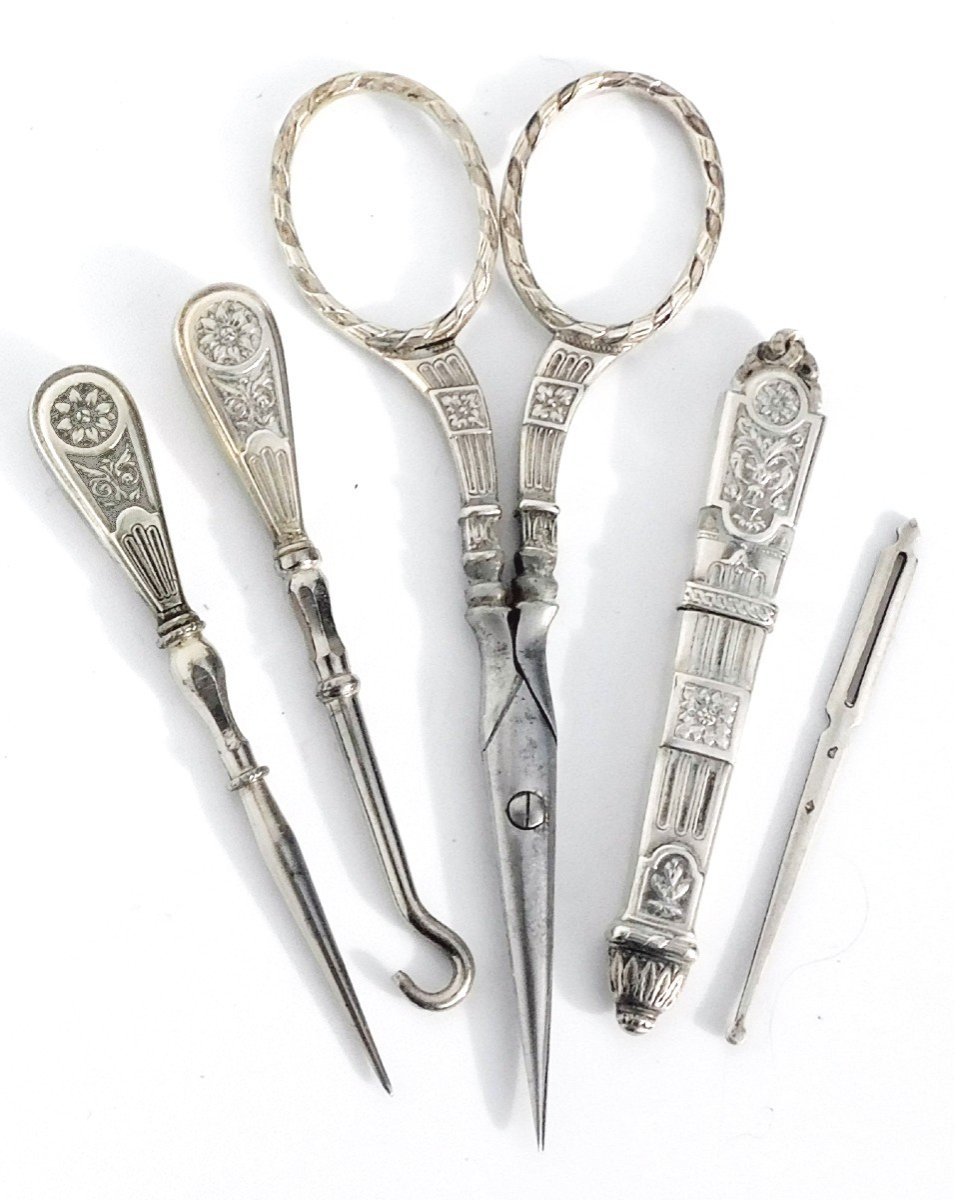Old Sewing Kit In Sterling Silver Leather Case Late 19th Century-photo-3
