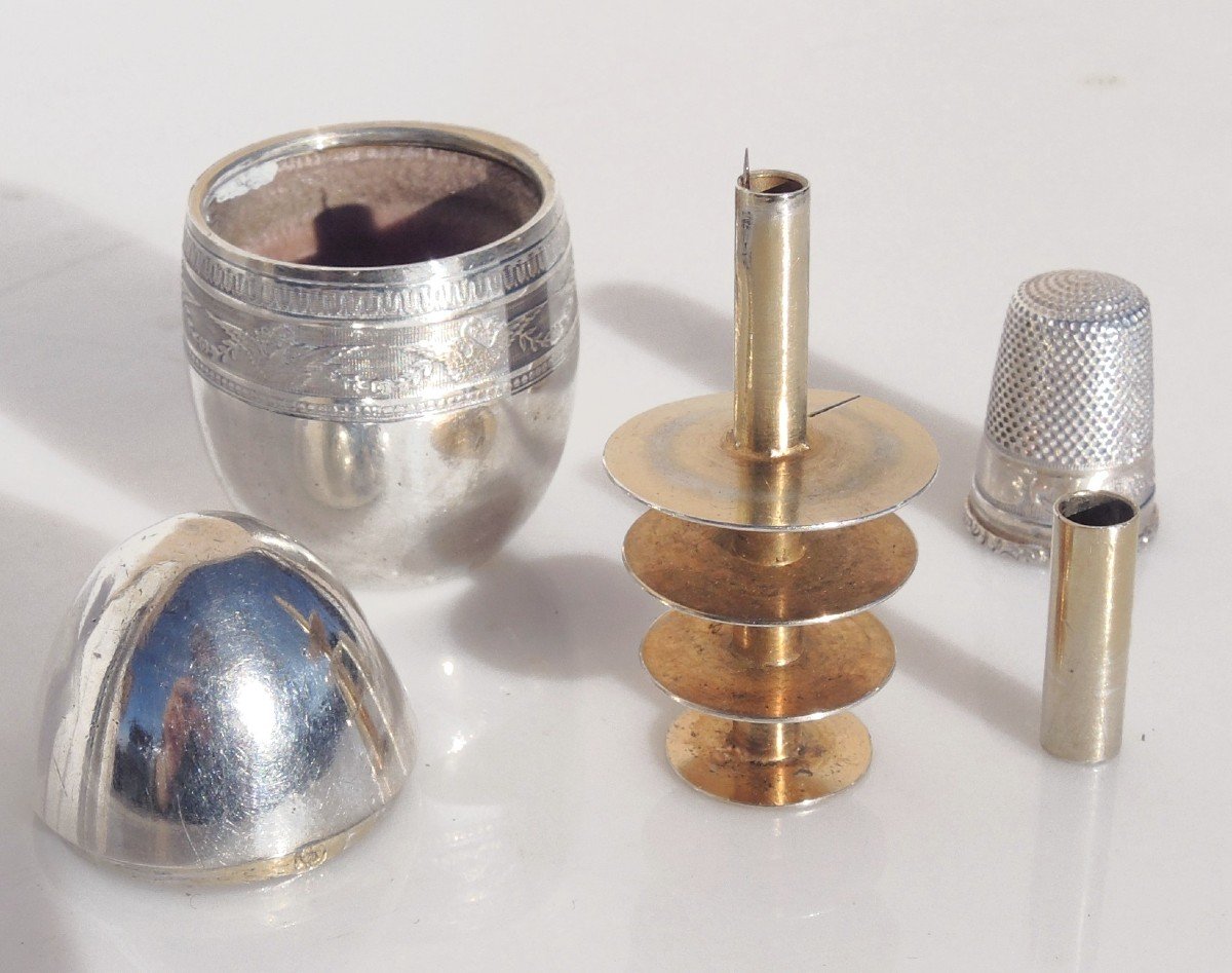 Cousette Nécessaire De Couture Œuf argent Massif porte aiguilles bobine dé à coudre-photo-2