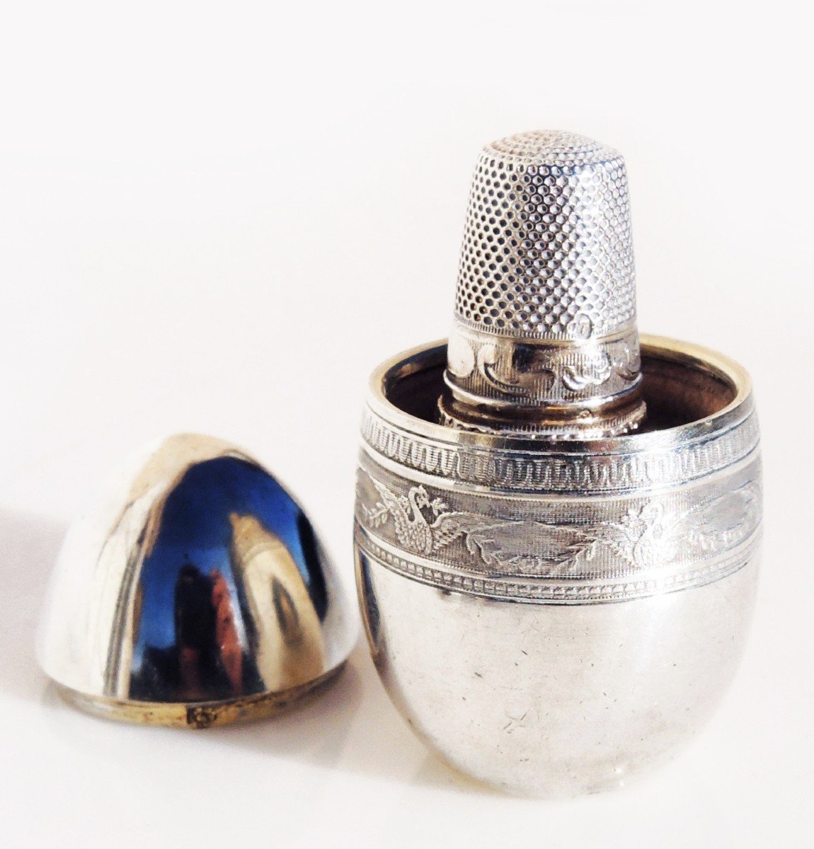 Cousette Nécessaire De Couture Œuf argent Massif porte aiguilles bobine dé à coudre-photo-4