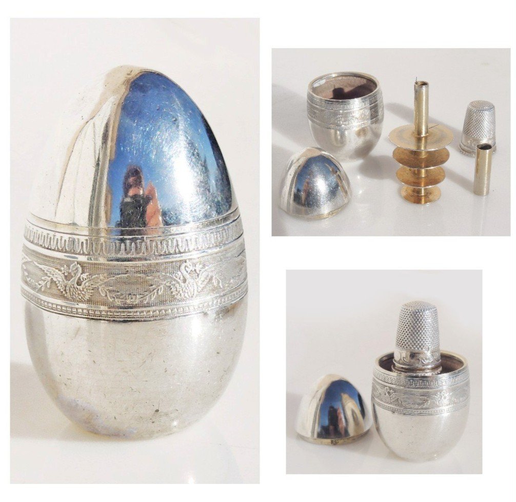 Cousette Nécessaire De Couture Œuf argent Massif porte aiguilles bobine dé à coudre