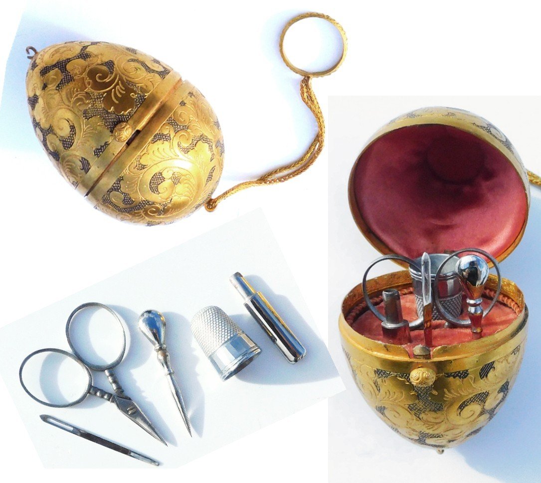 Miniature Steel Sewing Kit In A Golden Metal Egg-shaped Box