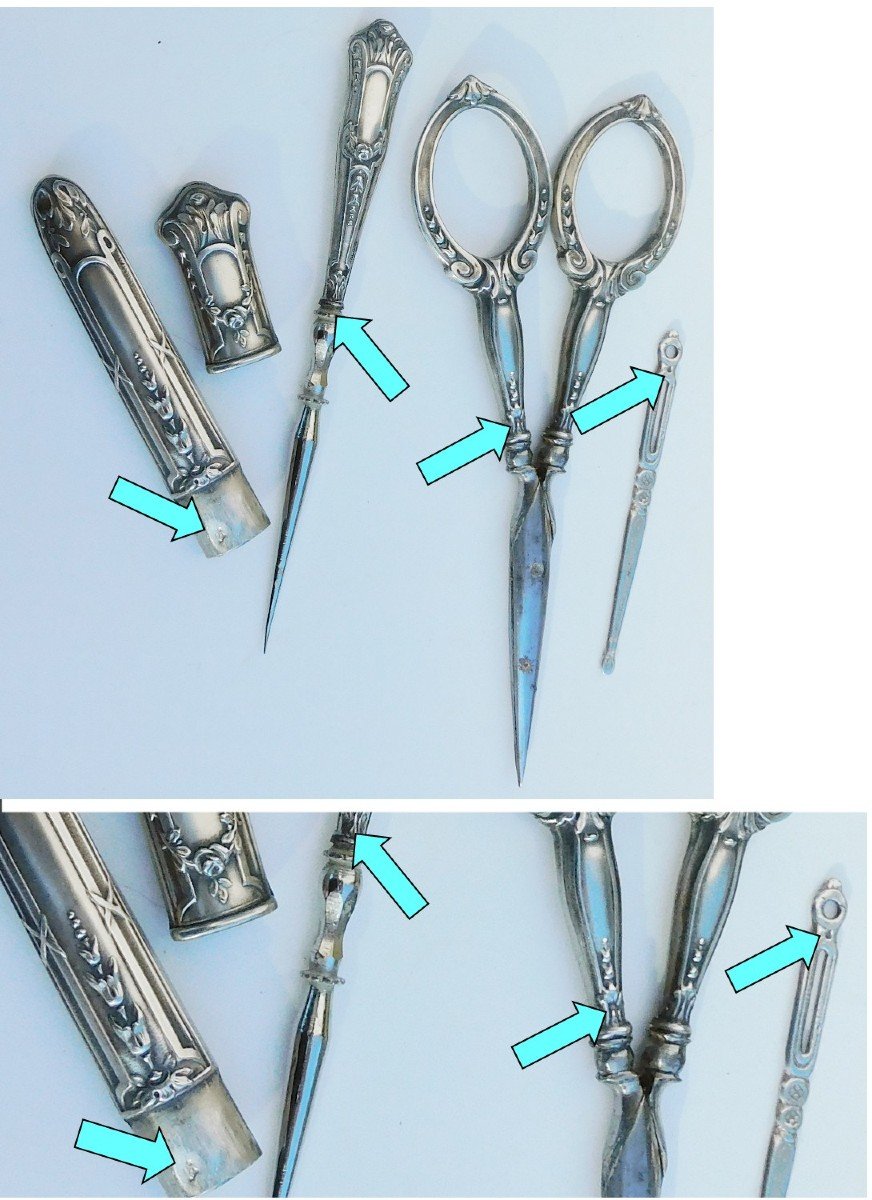 Nécessaire De Couture Argent Massif ciseaux dé à coudre étui aiguilles fin XIXe début XXe-photo-4